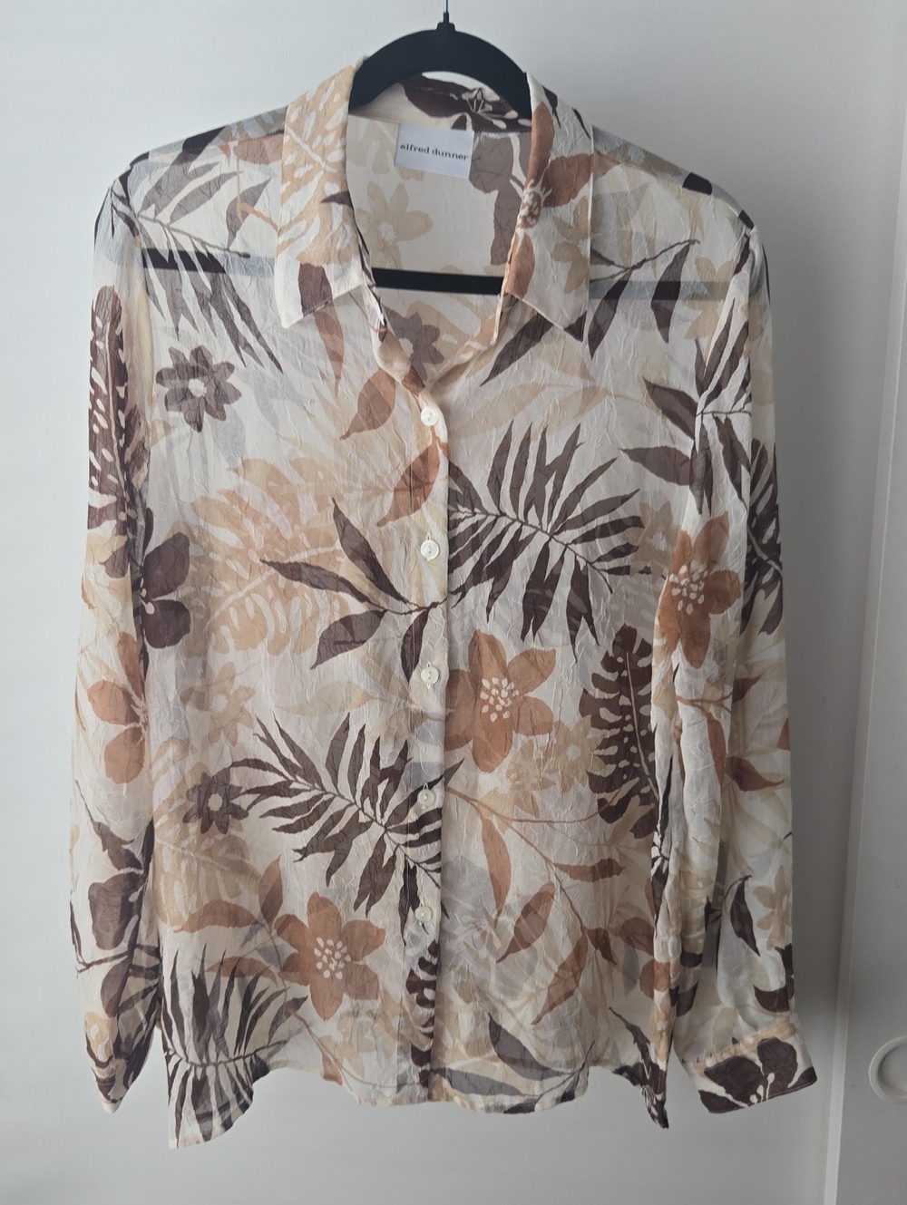 Beige and Brown Floral Sheer Blouse-Size LARGE